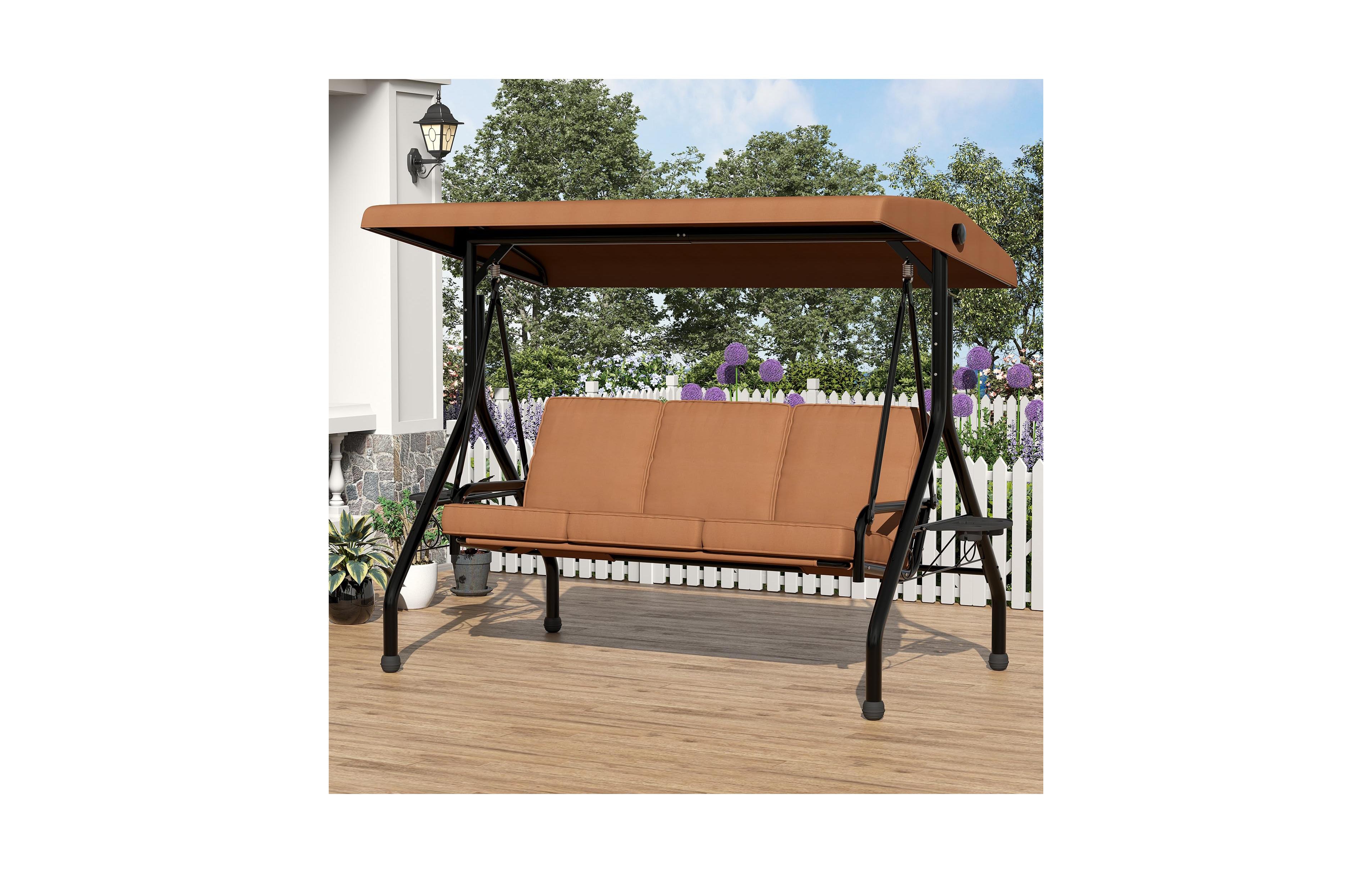 homfan 3-Seater Outdoor Swing with Adjustable Canopy, Thick Cushions, Cup Holders, Weather-Resistant Steel Frame, Patio Bench for Garden