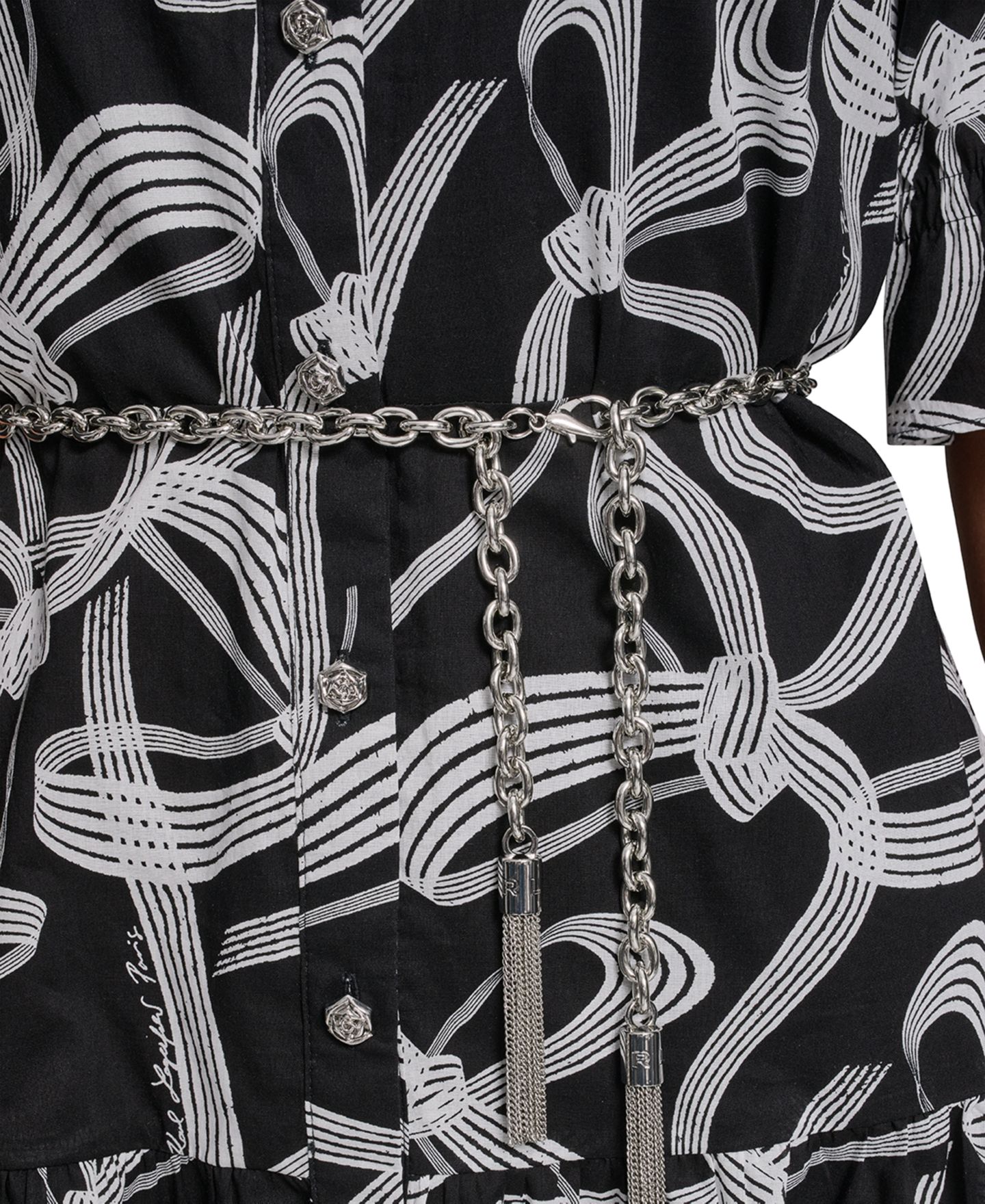 Женское платье KARL LAGERFELD PARIS Printed Belt Collared, цвет: Чёрный / Мягкий белый — фото 3