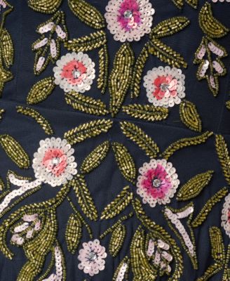 slim fit dress slacks Adrianna Papell Womens Floral Embroidered Evening Dress Navy Xs