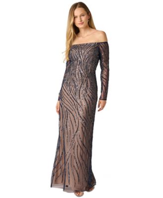 princess polly baby blue dress Adrianna Papell Women's Off the Shoulder Beaded Long Dress