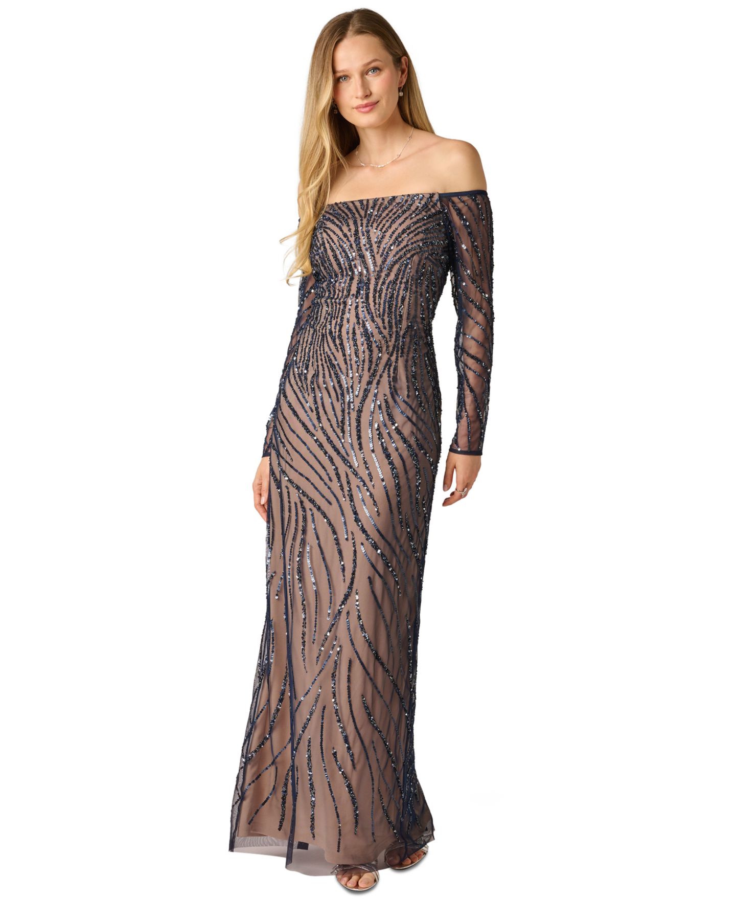 Женское платье Adrianna Papell Off the Shoulder Beaded Long, цвет: Тёмно-синий / Телесный — фото 1
