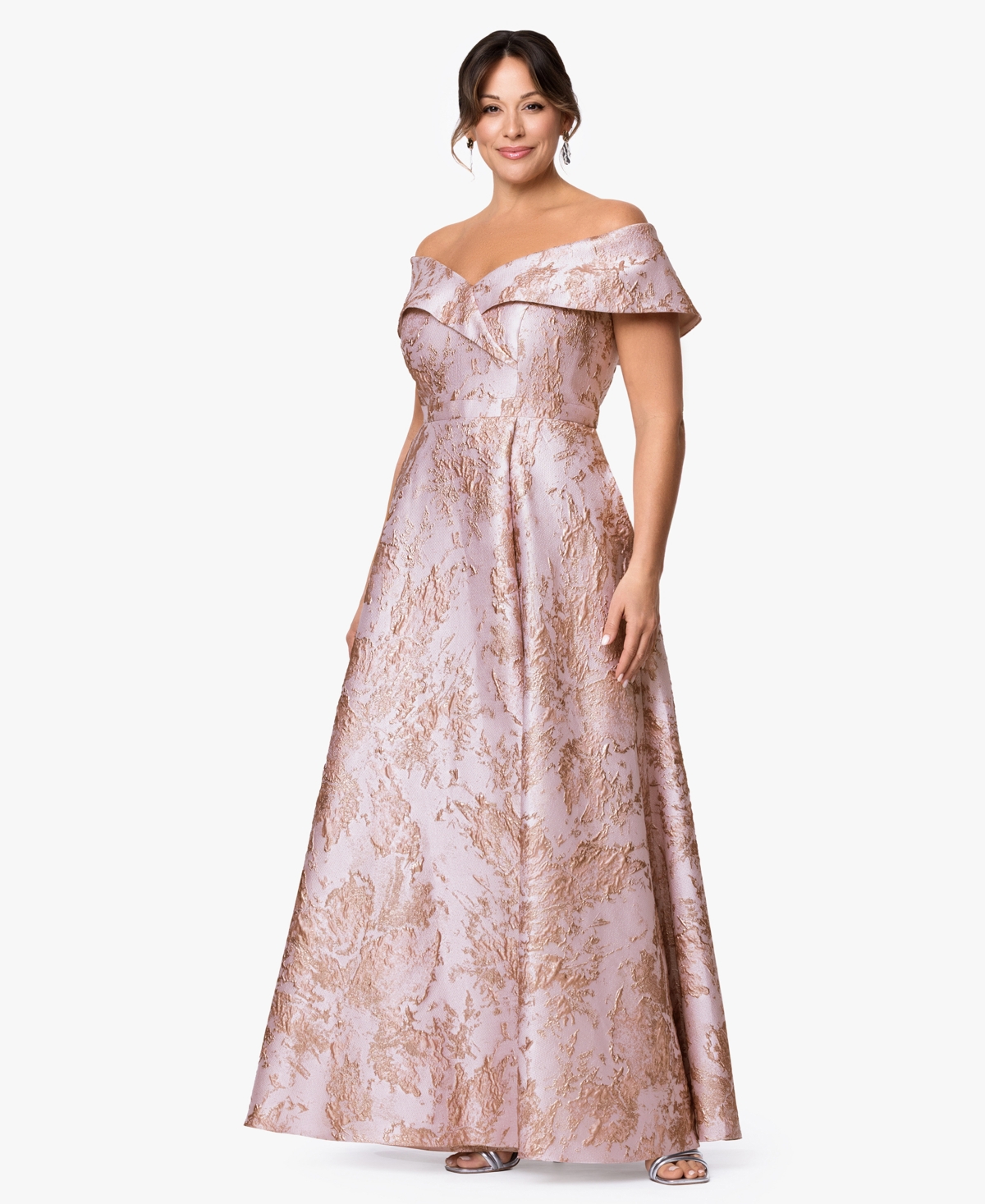 Xscape Plus Off-The-Shoulder Metallic Jacquard Ball Gown