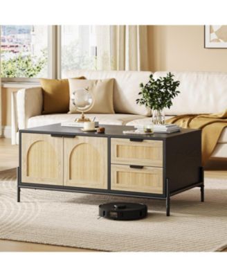 Farmhouse Rattan Coffee Table, Modern Center Table with 2 Drawers Storage Cabinet and Open Shelf, Rectangle End Table with Metal Frame