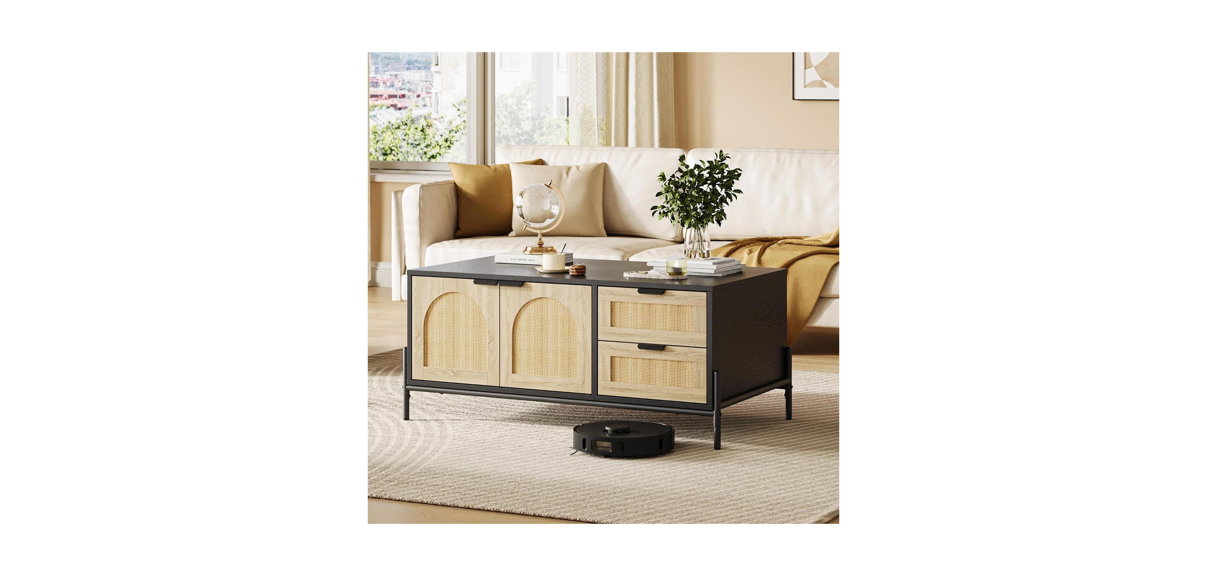 gaomon Farmhouse Rattan Coffee Table, Modern Center Table with 2 Drawers Storage Cabinet and Open Shelf, Rectangle End Table with Metal Frame