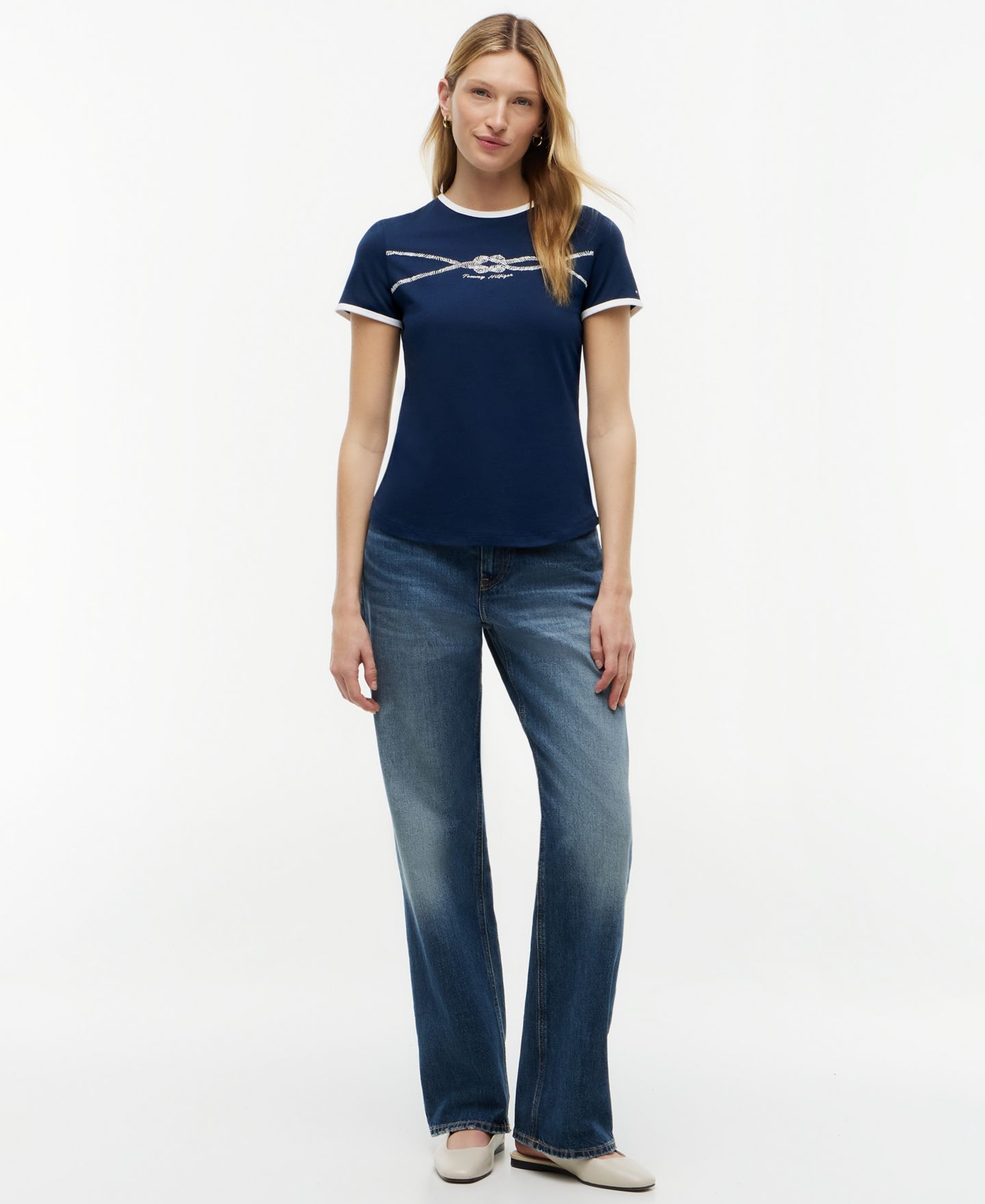 Женская футболка Tommy Hilfiger Crewneck Ringer Trim Cotton, цвет: Тёмный ночной тёмно-синий — фото 2
