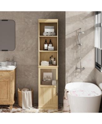 Tall Narrow Entryway Storage Cabinet with Glass Door and Open Shelves – Freestanding Organizer for Bathroom, Laundry, Kitchen