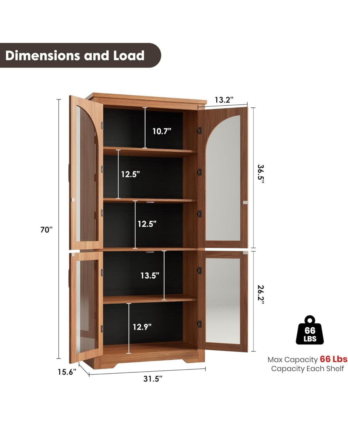 gaomon Kitchen Pantry Cabinet - 70" Tall Storage Cabinet with 4 Arched Glass Doors and Adjustable Shelves, Cupboard Organizers for Kitchen.