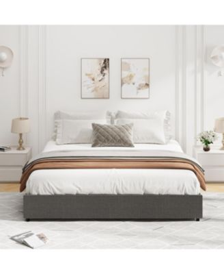 Upholstered Bed Frame with 4 Storage Drawers, Fabric Platform with Wood Slats