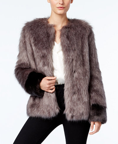Vera Wang Coat Collarless Faux-Fur Contrast Coat