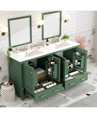 60 Inch Double Bathroom Vanity Set, Freestanding Solid Wood Cabinet with Ceramic Sinks and Soft Close Doors, Modern Storage.