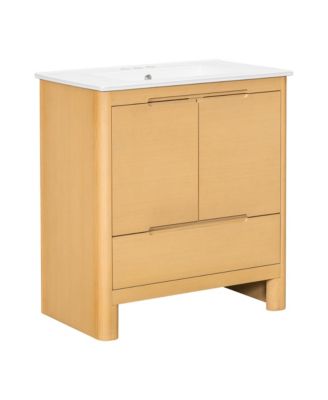 30 Inch Oak Wood Grain Bathroom Vanity with Ceramic Sink Solid Wood Frame Soft Close Doors and Drawer Adjustable Shelf