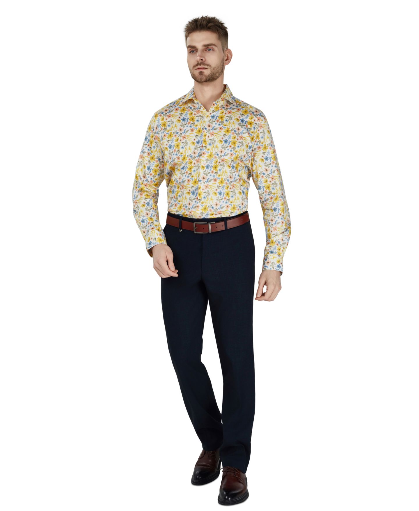 Мужская рубашка Bar III Slim-Fit Floral Printed Dress Shirt, цвет: Экрю — фото 2