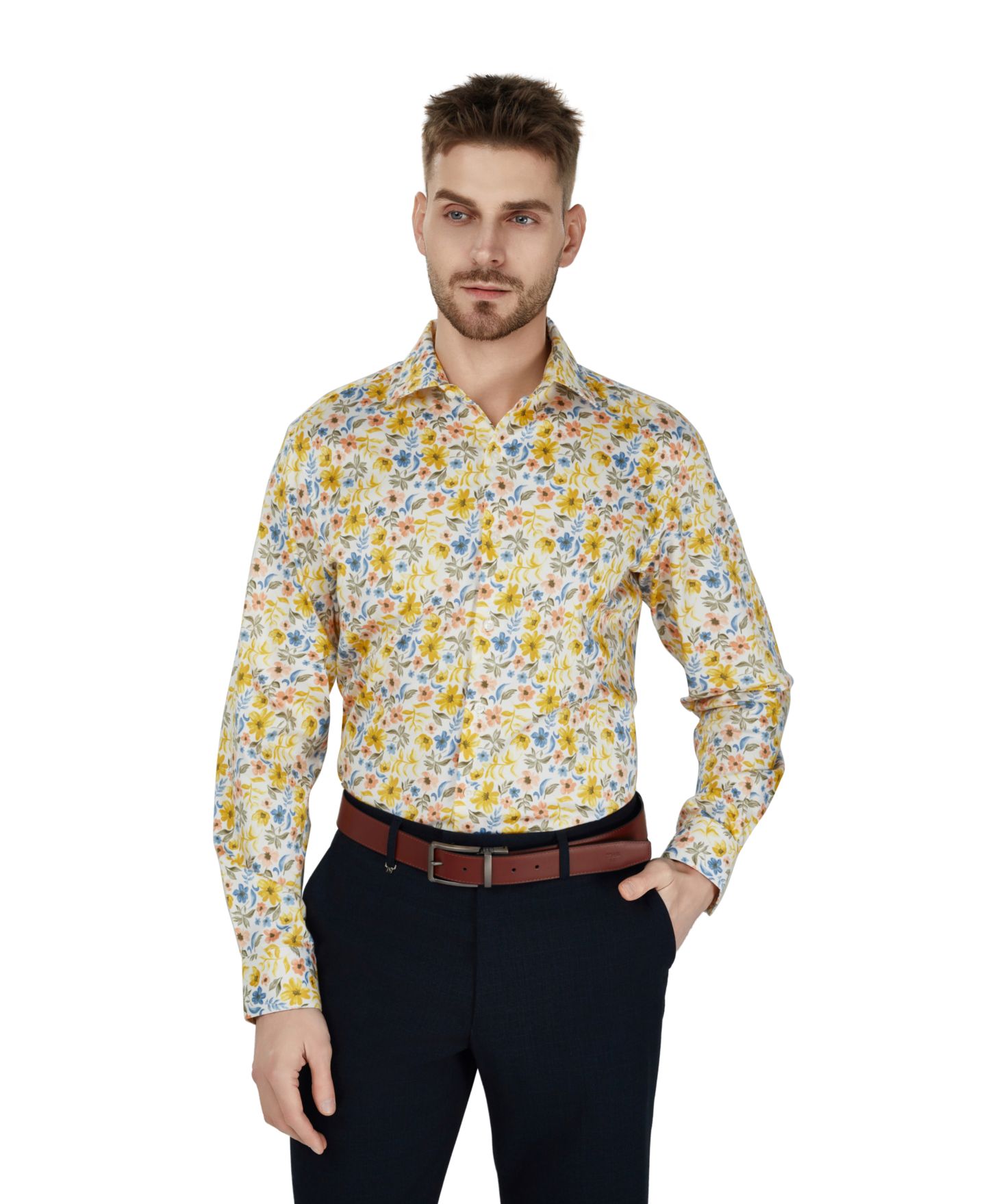 Мужская рубашка Bar III Slim-Fit Floral Printed Dress Shirt, цвет: Экрю — фото 1