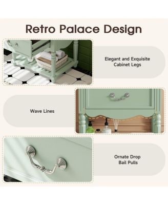 24 Inch Vintage Bathroom Vanity with Ceramic Sink, U-Shaped Drawers and Open Storage Shelf for Small Spaces