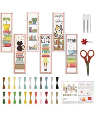 6 Set Cross Bookmark Embroidery Kit Stamped DIY Stitching Books Cats Adults 6 Set