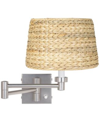 Modern Swing Arm Wall Lamp Brushed Nickel Plug-In Light Fixture Woven Seagrass Drum Shade for Bedroom Bedside