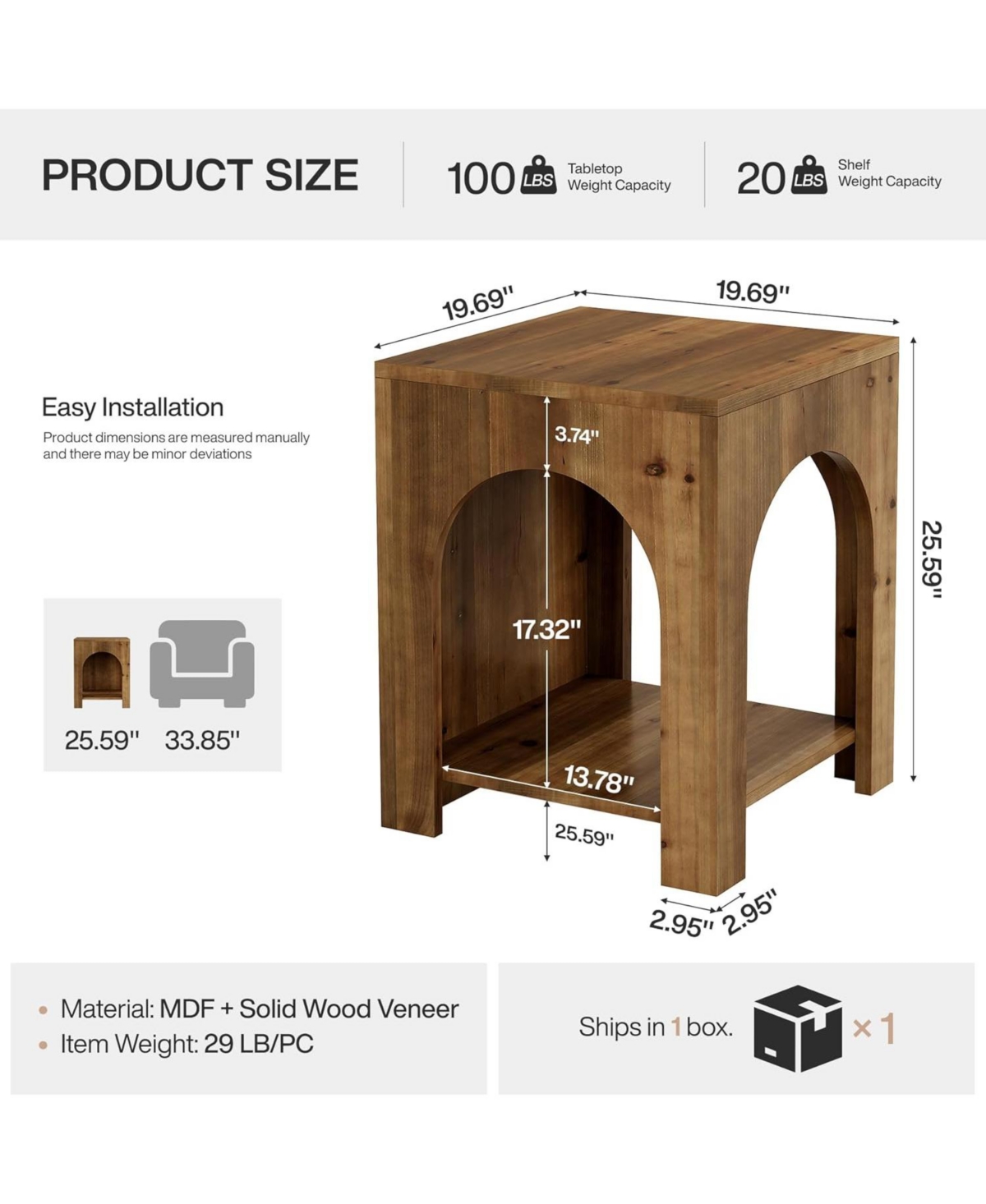 Tribesigns 2-Tier Storage Square Side Table Set of 2, Farmhouse Wooden End Table with Arch Design, Small Nightstand