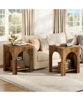 2-Tier Storage Square Side Table Set of 2, Farmhouse Wooden End Table with Arch Design, Small Nightstand