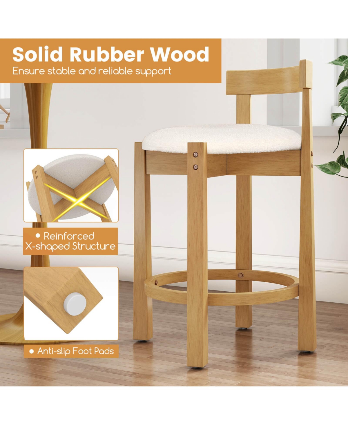 Costway 24" Counter Height Bar Stools Set of 2 with Backrests and Footrests for Dining Room