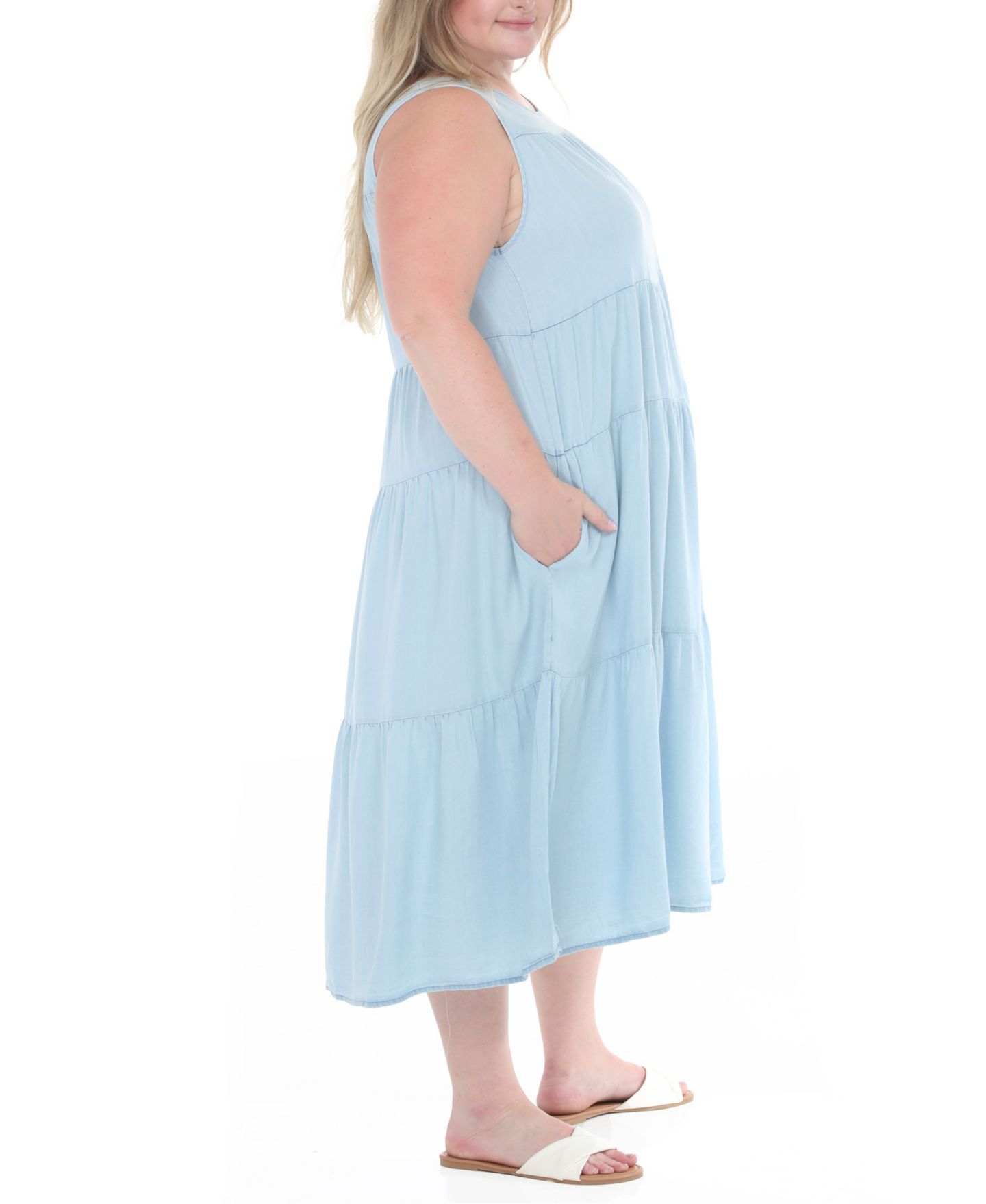 Женское платье White Mark Plus Size Sleeveless Tiered Swing Midi, цвет: Светлый синий — фото 3