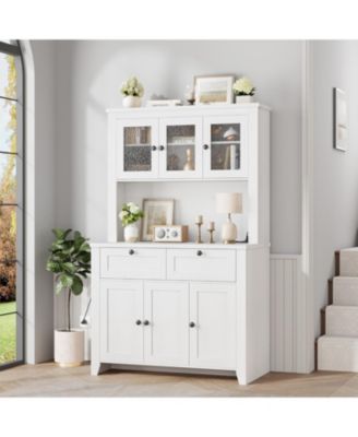 66" Tall Kitchen Pantry Cabinet, Modern Kitchen Hutch with Charging Station, Large Coffee Bar Storage Cabinet with Glass Doors and Drawers