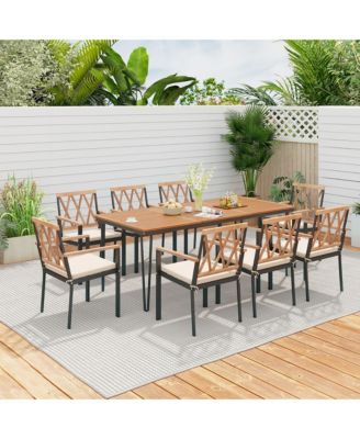9 PCS Patio Dining Set Rectangular Dining Table w/ Acacia Wood Top Umbrella Hole