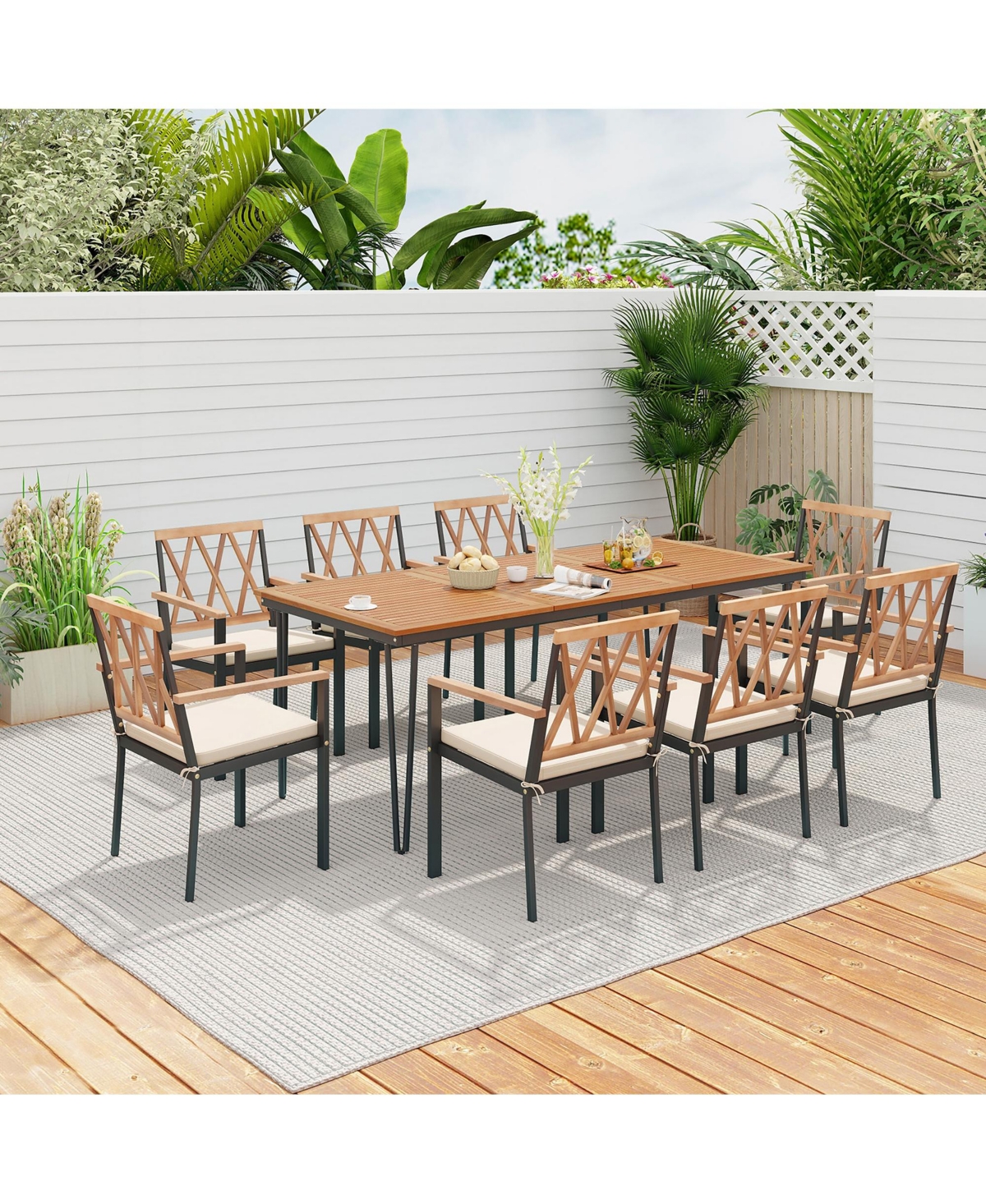 Gymax 9 Pcs Patio Dining Set Rectangular Dining Table w/ Acacia Wood Top Umbrella Hole