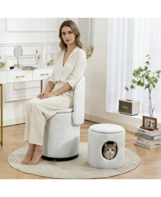 360 Swivel Vanity Chair, Soft Padded Makeup Stool, Multifunctional Dressing Chair with Storage, Free Cat Bed Stool Included