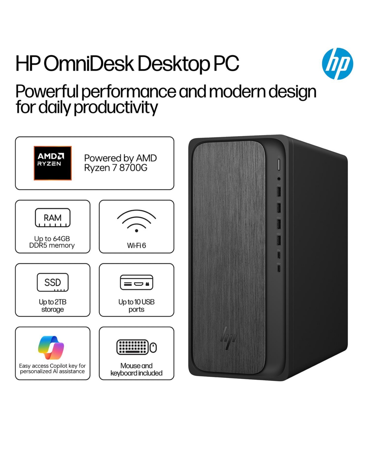 Hp OmniDesk Tower Desktop Amd Ryzen 7 16GB Ram Amd Radeon Graphics 2TB Ssd Storage Windows 11 Home
