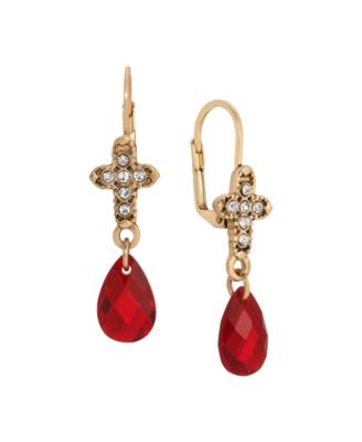 Gold Tone Crystal Cross With Clear Glass Drop Leverback Earrings