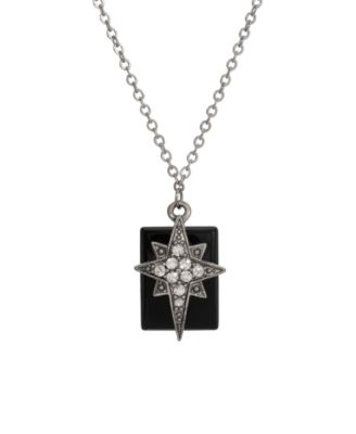 Pewter Star of Bethlehem Clear Crystals Onyx Rectangle 16" Necklace