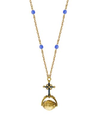14k Gold Dipped Blue Sapphire Cross Hail Mary Spinner Necklace