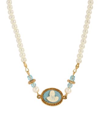 Gold-Tone Imitation Pearl Aqua Bead Chain Mary Child Cameo Necklace