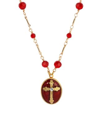 Gold Tone Siam Red Enamel Cross Oval Locket 16" Beaded Chain Necklace