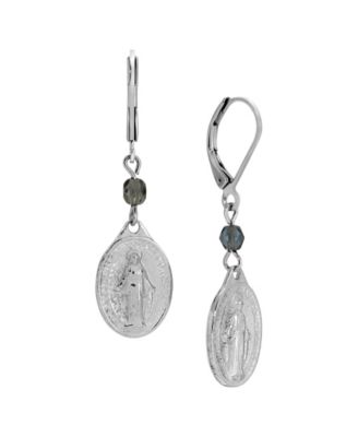 Gold Tone Oval Miraculous Medal Charm Red Bead Leverback Earrings