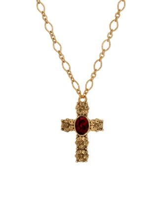 Gold-Tone Cross Garnet Oval Stone 28" Necklace
