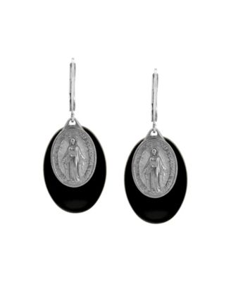 Silver Tone Oval Black Acrylic Stone Miraculous Medal Leverback Earrings