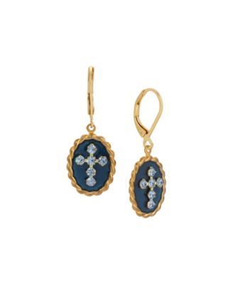 14k Gold Dipped Blue Enamel Lt Sapphire Crystals Cross Leverback Earrings