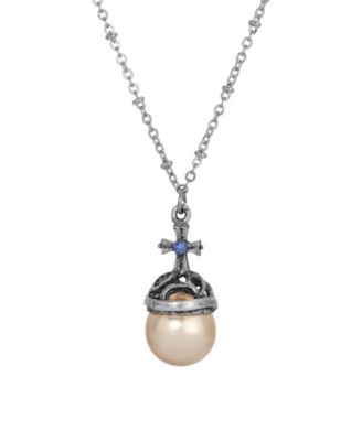 Silver-Tone Imitation Pearl Stone Blue Crystal Cross 16" Necklace