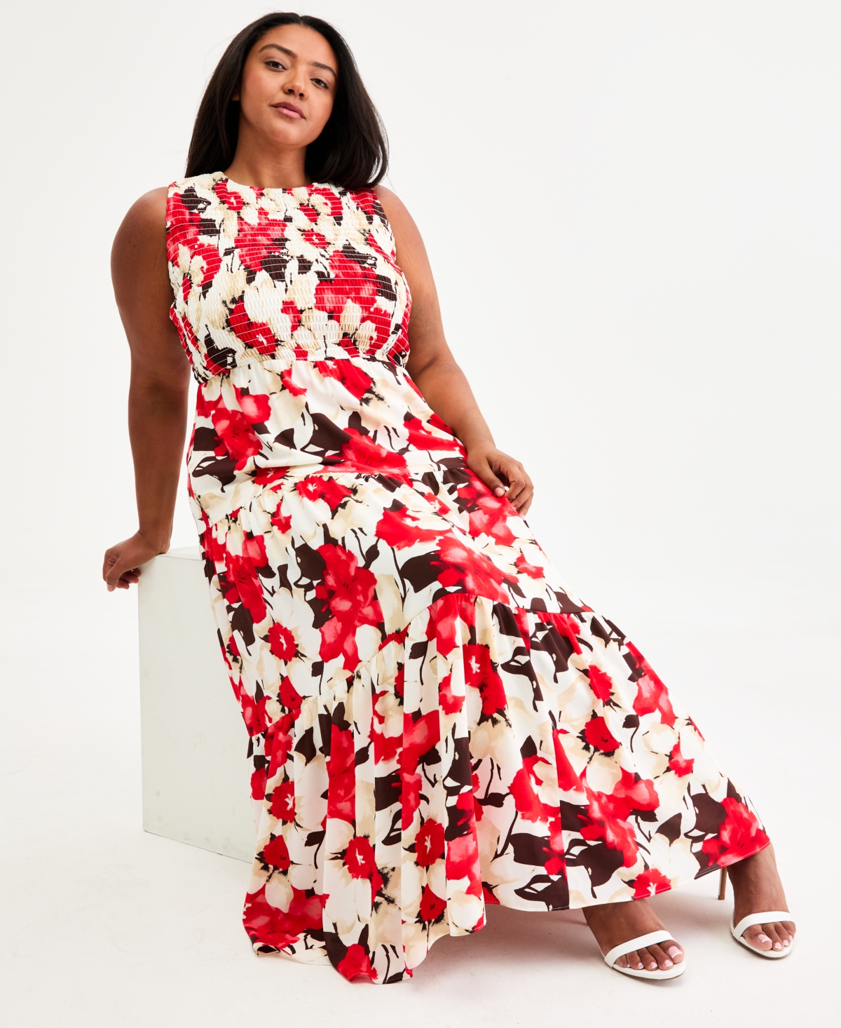 Anne Klein Plus Smocked-Bodice Tiered Maxi Dress