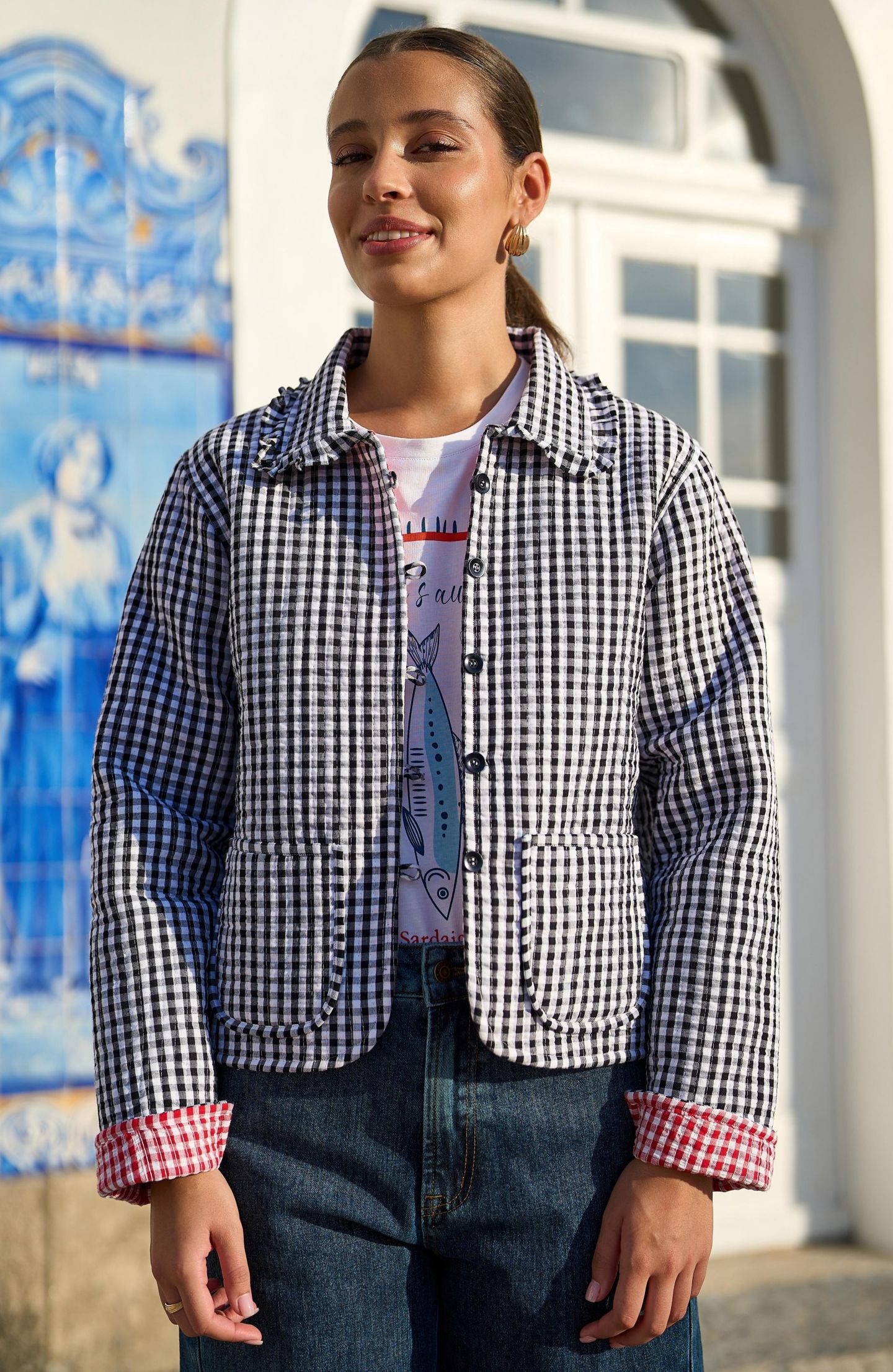 Женская куртка Yumi Gingham Frill Collar, цвет: Чёрный — фото 4