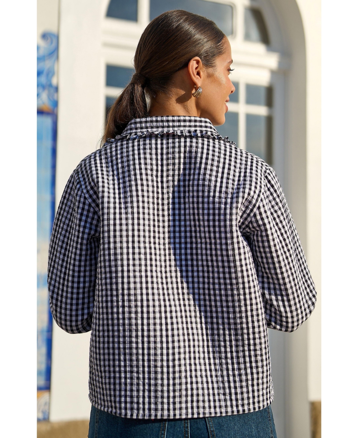 Yumi Women's Gingham Frill Collar Jacket