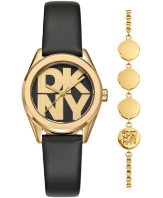 Women's Logo Quartz Black Leather Strap Watch 28mm Gift Set