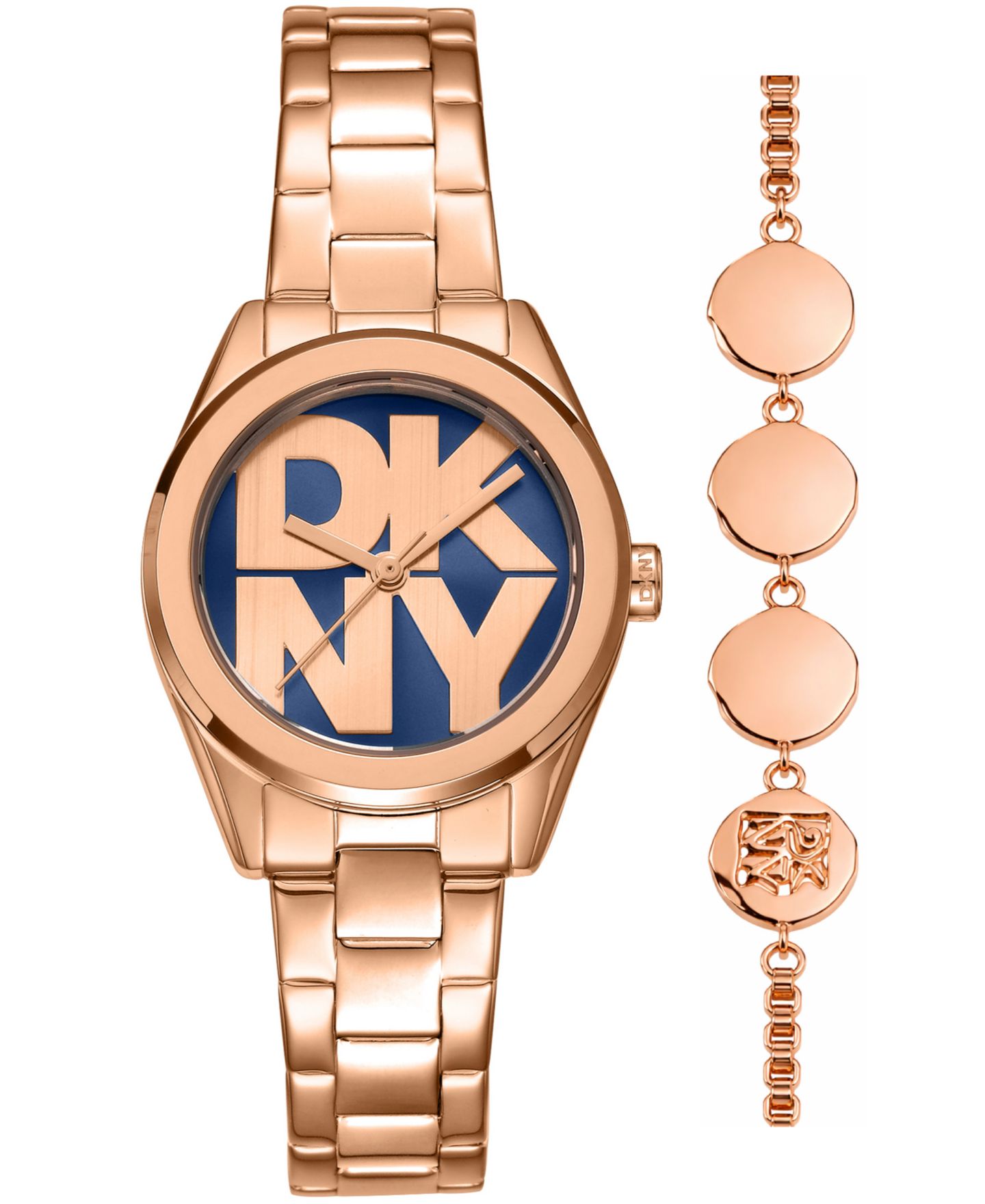 Женские часы DKNY Logo Quartz Rose Gold-Tone Stainless Steel Bracelet Watch 28mm Gift Set — фото 1