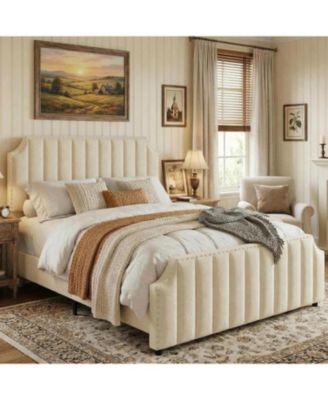 Queen Bed Frame with 52" Tall Headboard and Footboard, Upholstered Platform with Wood Slats