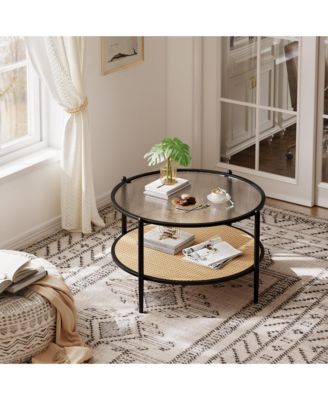 30" 2-Tier Rattan Coffee Table with Water-Wave Glass