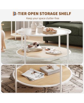 30" 2-Tier Rattan Coffee Table with Water-Wave Glass