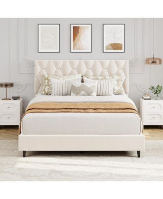 Full Upholstered Bed Frame with Headboard, Platform Design with Wood Slats