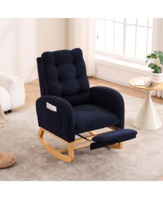 Teddy Fabric Accent Rocking Chair, Leisure Recliner with Side Pocket and Retractable Footstool for Living Room, Balcony