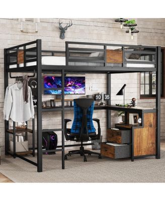 Metal Queen Loft Bed with Desk and Storage Drawers